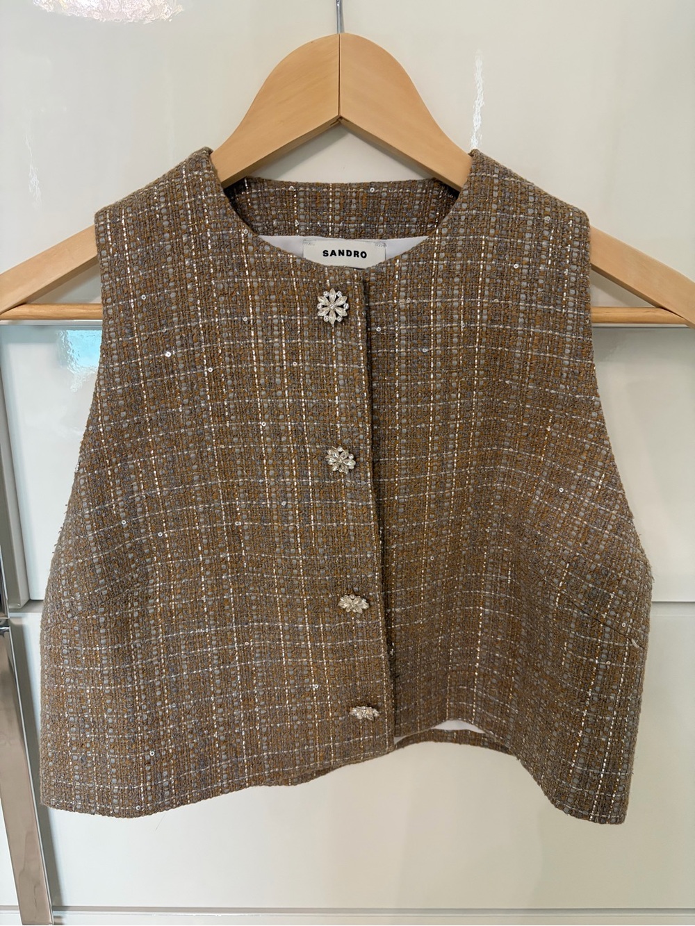 Sandro Brown Tweed Cropped Button Vest with Floral Accents